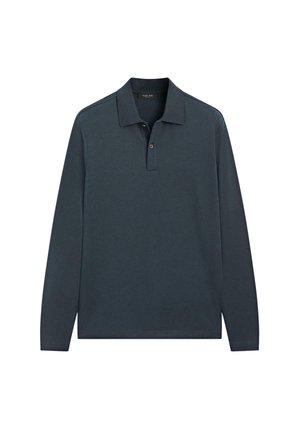 Dunkelblaues Langarm-Poloshirt aus Baumwolle mit Kragen, dreiknöpfiger Knopfleiste und dezenten Steppnähten.