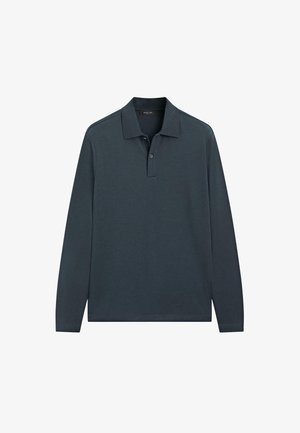 Mörkblå långärmad pikétröja i bomull med krage, treknappslösning och subtila sömnadsdetaljer.