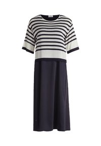 Knie-langes Kleid mit navyblauem Rock und weißem Oberteil, das horizontale navyblaue Streifen und kurze Ärmel hat.