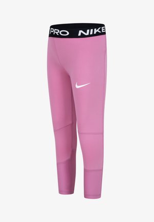 Roosa spordipüksid musta elastse vööga, millel on kiri "NIKE PRO." Sisaldab valget Nike logo ja paneelõmbluse detaile.