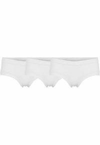 Tre par hvide bomuldsunderbukser med en glat tekstur, elastiske taljebånd, medium dækning og et enkelt, minimalistisk design.