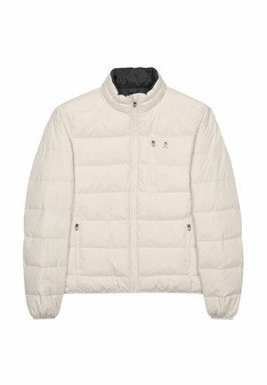 Giacca puffer leggera color crema con colletto alto, chiusura con zip e due tasche laterali. Presenta un rivestimento interno a contrasto nero.