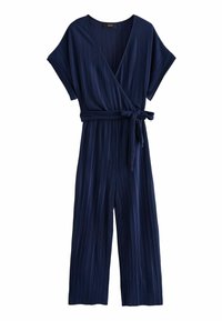 Marineblå, kortærmet jumpsuit med lodrette striber, omslagdesign og knyttet talje. Fremstillet af glat stof med en afslappet pasform.