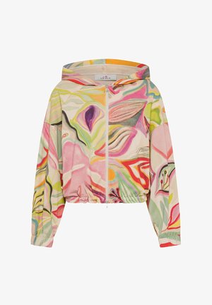 Värikäs vetoketjullinen huppari, jossa on lyhyt muotoilu. Siinä on kirkkaat kukkakuviot vaaleanpunaisessa, vihreässä ja keltaisessa. Valmistettu pehmeästä, kevyestä kankaasta.