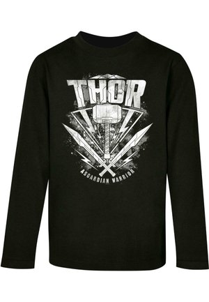Schwarzes Langarm-T-Shirt mit grafischem Design, das Thors Hammer, Schwerter und den Text "Asgardian Warrior" in Weiß und Grau zeigt.