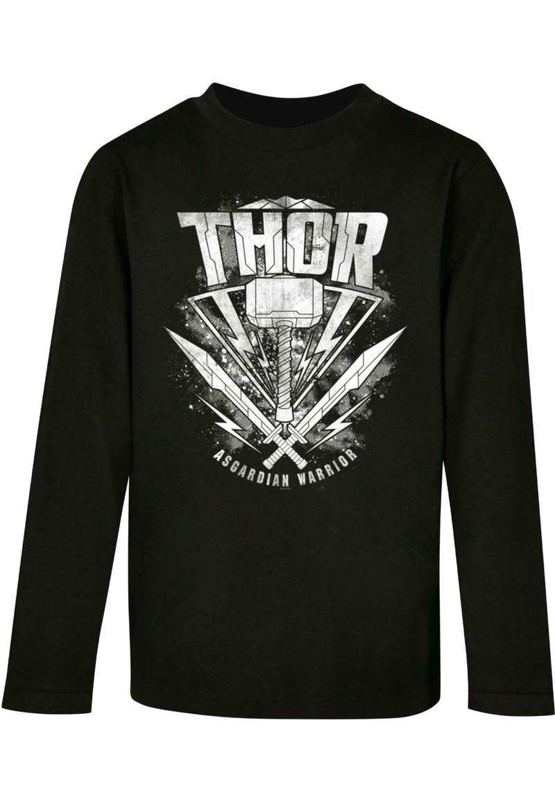 Schwarzes Langarm-T-Shirt mit grafischem Design, das Thors Hammer, Schwerter und den Text "Asgardian Warrior" in Weiß und Grau zeigt.