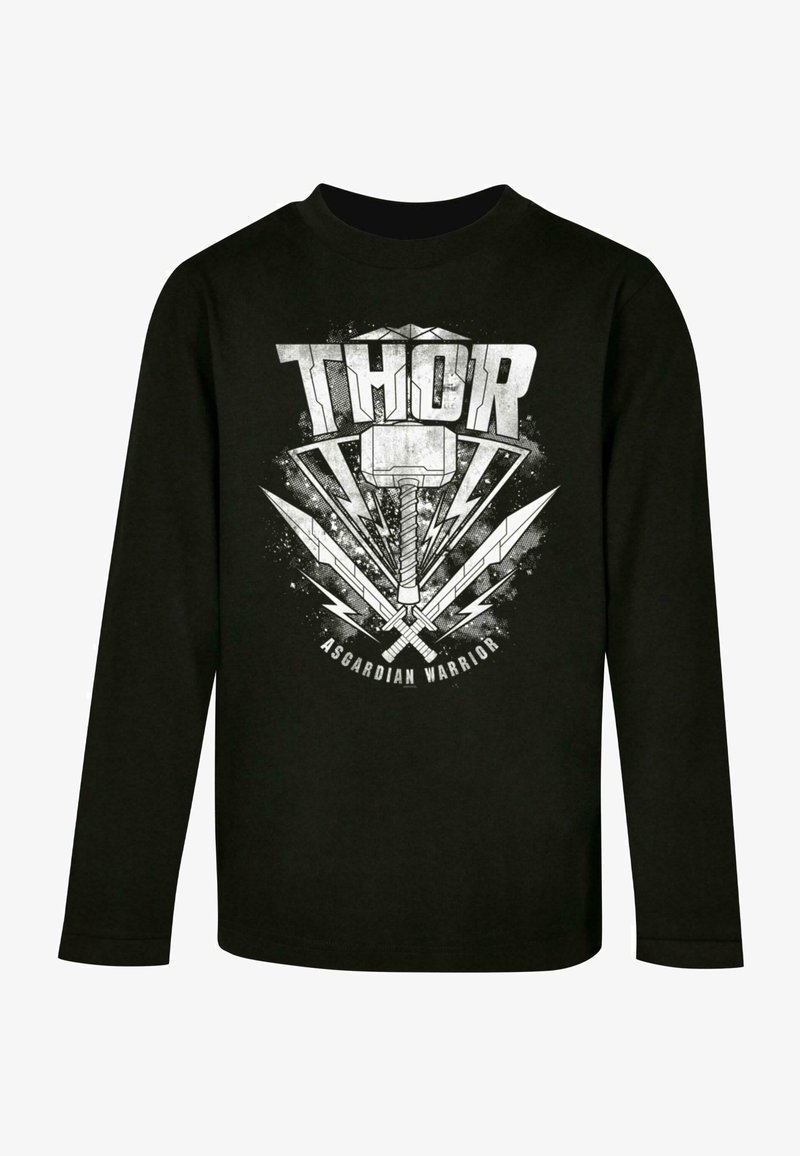 Schwarzes Langarm-T-Shirt mit grafischem Design, das Thors Hammer, Schwerter und den Text "Asgardian Warrior" in Weiß und Grau zeigt.