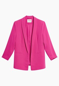 Skär svart kavaj i ljusrosa med långa ärmar, öppen front och två framfickor, visad mot vit bakgrund.