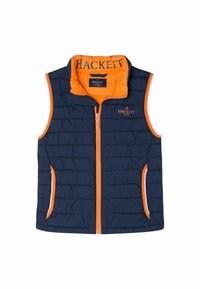 Mörkblå pufferväst med orange detaljer, med en hög krage, en frontdragkedja och sidofickor. "HACKETT"-logotypen visas på kragen.