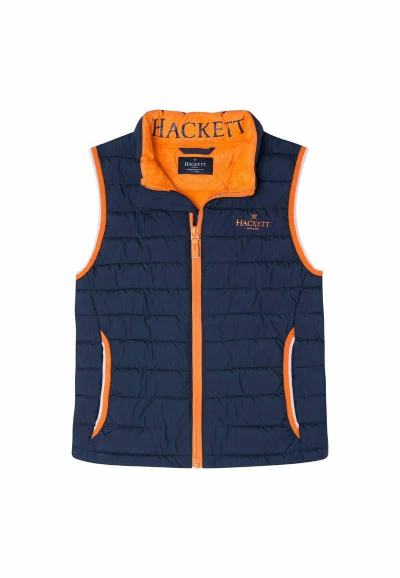 Mörkblå pufferväst med orange detaljer, med en hög krage, en frontdragkedja och sidofickor. "HACKETT"-logotypen visas på kragen.