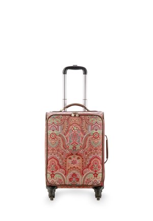 Hard-shell suitcase with a floral paisley pattern in red, green, and pink. Features a retractable handle and four wheels for mobility.