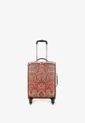 Hartschalenkoffer mit einem floralen Paisley-Muster in Rot, Grün und Pink. Verfügt über einen ausziehbaren Griff und vier Räder für Mobilität.