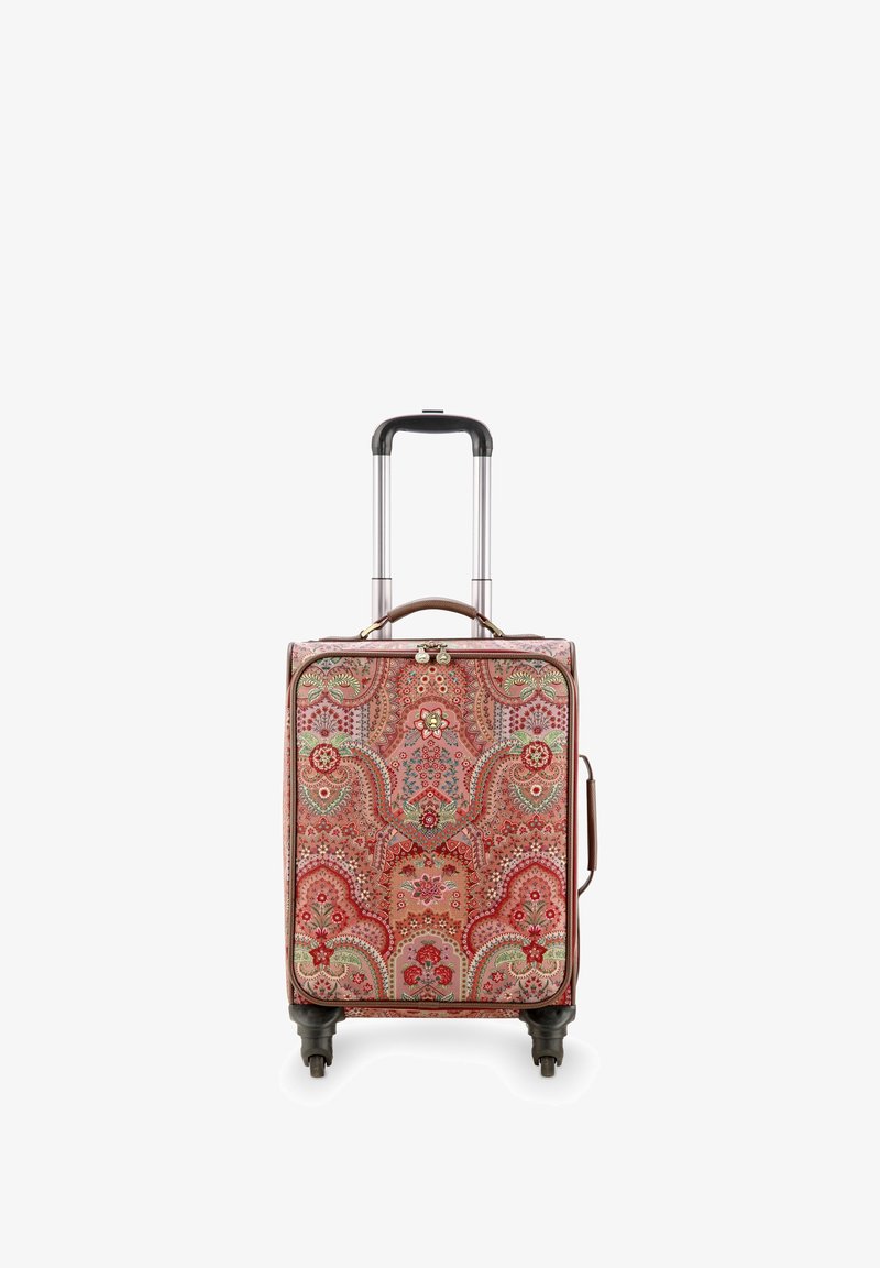 Hard-shell suitcase with a floral paisley pattern in red, green, and pink. Features a retractable handle and four wheels for mobility.