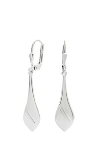 Orecchini in argento con forma di foglia lunga e liscia. Presentano un delicato motivo a onda e una chiusura a leva per un indossamento sicuro.