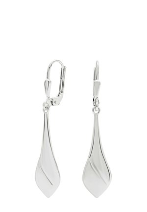 Orecchini in argento con forma di foglia lunga e liscia. Presentano un delicato motivo a onda e una chiusura a leva per un indossamento sicuro.