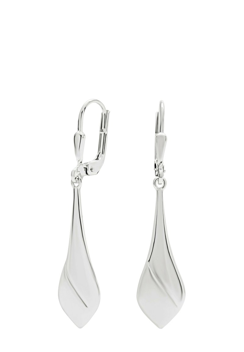 Orecchini in argento con forma di foglia lunga e liscia. Presentano un delicato motivo a onda e una chiusura a leva per un indossamento sicuro.