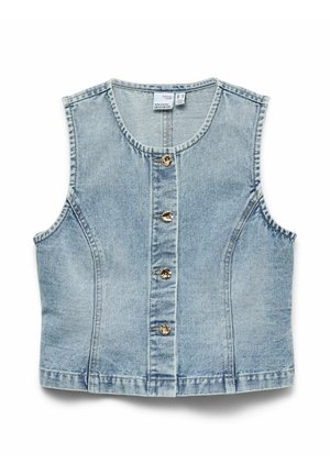 Denim vest in light blue, sleeveless design, rounded neckline, featuring five metallic buttons down the front and subtle stitching details.