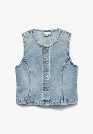 Jasnoniebieska kamizelka dżinsowa, bez rękawów, o okrągłym dekolcie, z pięcioma metalowymi guzikami z przodu oraz subtelnymi detalami w stichingu.