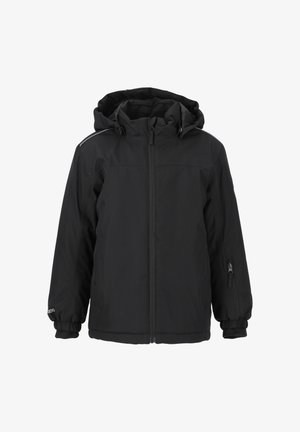 Chaqueta acolchada negra con capucha, cremallera frontal, puños elásticos, bolsillos laterales con cremallera y detalles reflectantes en los hombros. Fabricada con material resistente a las inclemencias del tiempo.