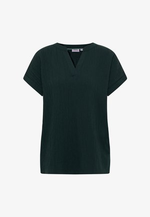 Dunkelgrüne Bluse mit kurzen Ärmeln, V-Ausschnitt, strukturiertem Stoff und lässiger Passform. Keine sichtbaren Akzente oder Muster.