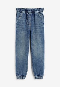 Jeans-joggingbyxor med elastisk midja, ljusblå färg, två framfickor och rynkade mudd vid ankeln. Texturerad denimfinish.