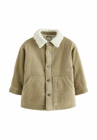 Veste en velours côtelé marron clair avec un col en fausse fourrure, dotée d'une fermeture à boutons sur le devant, de deux poches avant et d'une texture côtelée sur toute sa surface.