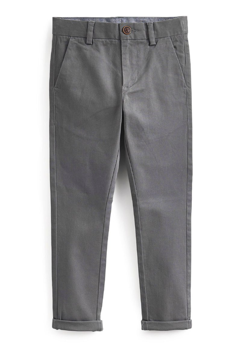 Chino grigi con una vestibilità sartoriale, dotati di chiusura a bottone, tasche frontali e orli arrotolati. Tessuto liscio con una sottile texture.