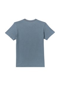 T-Shirt mit kurzen Ärmeln in einem gedämpften Blauton. Hergestellt aus weicher Baumwolle, verfügt es über einen Rundhalsausschnitt und kontrastierende Nähte entlang des Kragens.