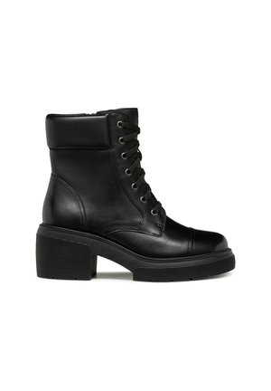 Black ankle boots made of smooth leather, featuring a round toe, lace-up front, padded collar, and chunky textured heel.