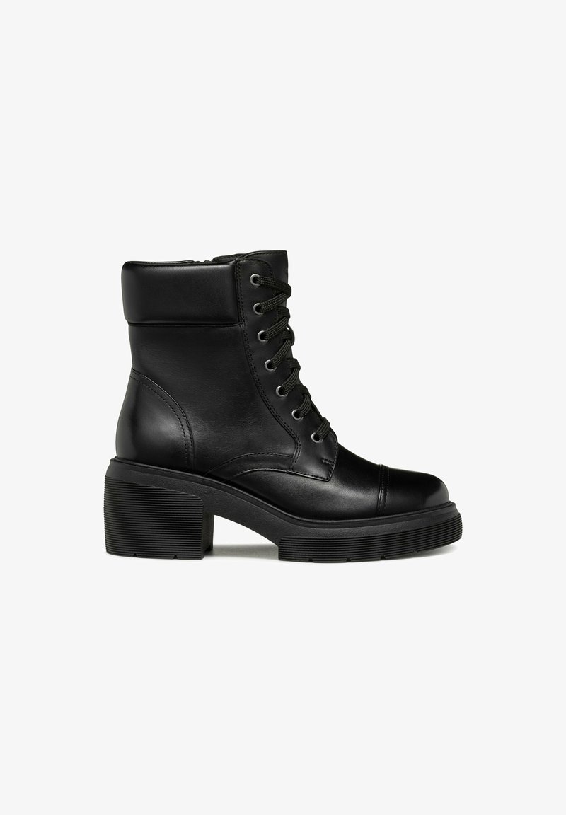 Black ankle boots made of smooth leather, featuring a round toe, lace-up front, padded collar, and chunky textured heel.