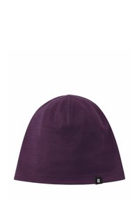 Cappello di lana viola con un tessuto morbido e testurizzato, caratterizzato da una corona arrotondata e un piccolo etichetta nera sul bordo inferiore.