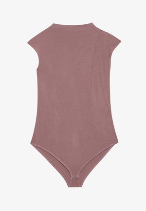 Poros rózsaszín bodysuit rövid, kapucnis ujjal, magas nyakkal és varrás nélküli dizájnnal. Puha, rugalmas anyag, alsó részén patentos záródással.