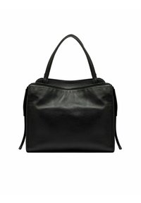 Sac à main en cuir noir avec un design structuré, deux poignées supérieures et une fermeture éclair. Texture lisse et accents en matériel minimalistes.