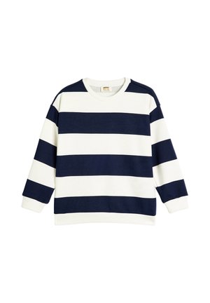 Bawełnowy sweatshirt w poziome niebieskie i białe paski, z okrągłym dekoltem, długimi rękawami i prążkowanymi mankietami. Miękka tekstura, swobodny fason.