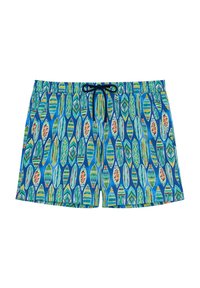 Un short de bain pour homme avec un fond bleu et un motif de designs en forme de feuille en vert, orange et rouge. Comprend une taille à cordon.