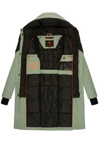 Light green parka with a black insulated lining, featuring orange accents, multiple pockets, and a cozy, hooded design.
