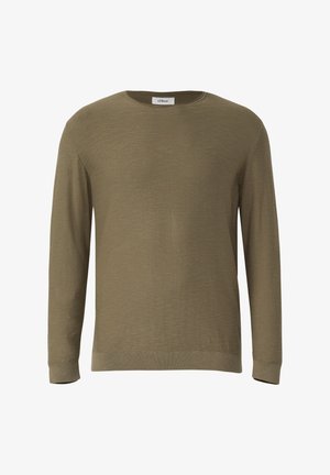 Olivgrüner Pullover mit langen Ärmeln und rundem Ausschnitt, gefertigt aus einem strukturierten Strickmaterial, mit gerippten Bündchen und Saum.