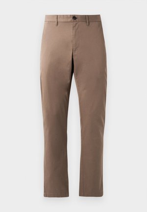 Rjave, ravne hlače iz gladkega bombažnega materiala, z zapiranjem na gumb spredaj in čistim dizajnom brez vzorcev ali dodatkov.