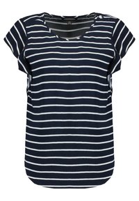 Top blu navy a maniche corte con righe orizzontali bianche, scollo rotondo e bottoni decorativi sulla spalla. Tessuto morbido, vestibilità comoda.