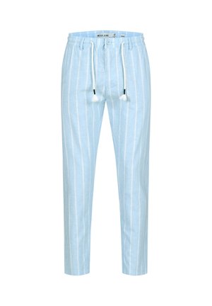 Lyseblå ledige bukser med hvite vertikale striper, elastisk midjebånd, knapp og hvit snor med dusker.