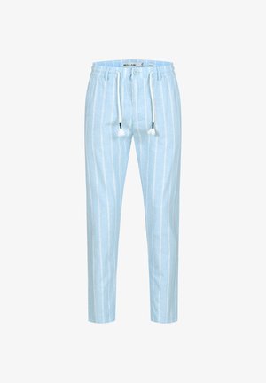 Lyseblå ledige bukser med hvite vertikale striper, elastisk midjebånd, knapp og hvit snor med dusker.