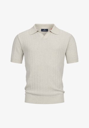Beige kortærmet strikket polo med lodret ribstruktur og en lille krave, lavet af tekstureret stof.