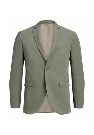 Pánske svetlosivé sako s jedným gombíkom, zapínaním s výrezmi na klopách, dvoma klopovými vreckami a náprsné vrecko, predné zobrazenie.