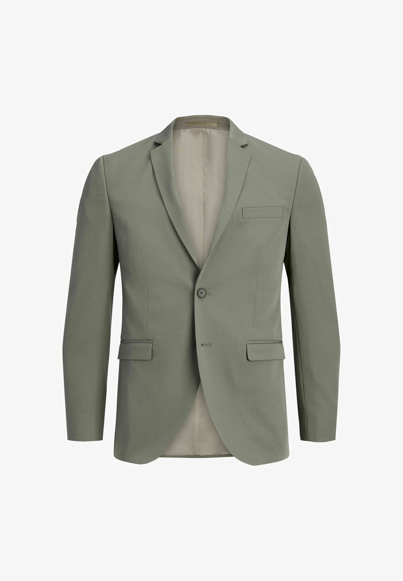 Blazer para hombre de color gris claro con un solo botón, solapas de muesca, dos bolsillos con solapa y un bolsillo de ojal en el pecho, mostrado de frente.