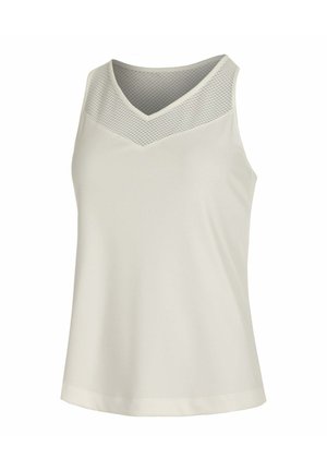 Mouwloze lichtbeige top met V-hals en mesh paneel over de bovenborst en schouders.