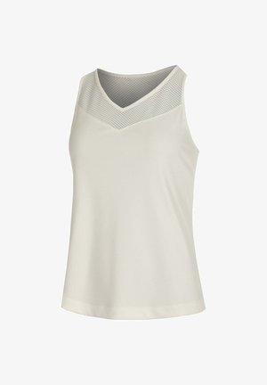Mouwloze lichtbeige top met V-hals en mesh paneel over de bovenborst en schouders.
