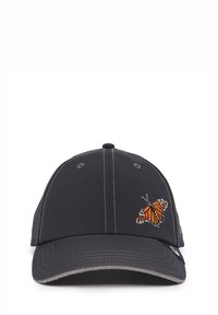 Black baseball cap with white stitching and metal eyelets; features a detailed embroidered orange butterfly on the front.