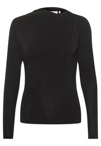 Schwarzes Langarmoberteil mit drapiertem Design, das einen überkreuzten Ausschnitt und eine weiche, glatte Stofftextur aufweist. Klassische Passform für vielseitige Stylingmöglichkeiten.