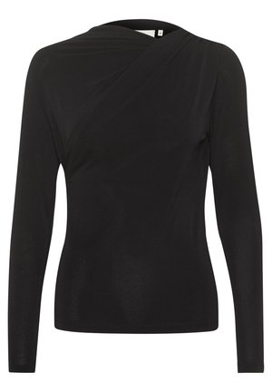 Haut noir à manches longues avec un design drapé, présentant un col croisé et une texture de tissu douce et lisse. Coupe classique pour un style polyvalent.