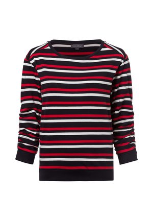 Gestreifter Pullover mit schwarzen, roten und weißen horizontalen Streifen, runden Halsausschnitt und langen Ärmeln mit gerafftem Detail an den Handgelenken.
